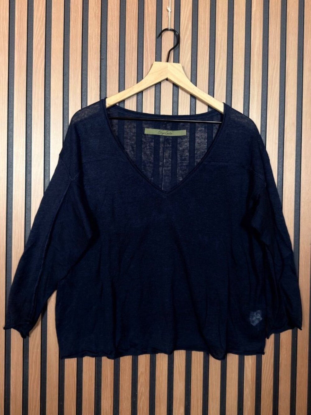 Enza Costa Top Medium Womens Blue 100% Linen Sheer 3/4 Sleeve Blouse